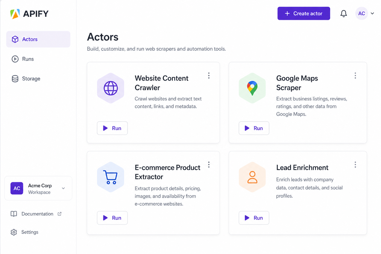 Apify Actors dashboard with crawlers and scrapers ready to run